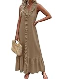 Mocturnity Damen Sommer Strand Baumwolle Tank Kleid Leinen Boho Ärmellos Stufen Rüschen Maxi...