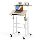 COSTWAY Stehpult Höhenverstellbar, mobiler Computertisch mit Rollen, neigbarer Tischplatte & 2...