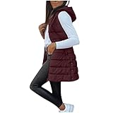 Expturelmp Lange Steppweste für Damen, Ärmellose, gesteppte Baumwollweste mit Kapuze für Herbst...