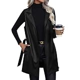 Leder Weste Damen Lang Lederjacke Damen Ärmellos Kunstlederweste Revers Ledermantel Motorradweste...