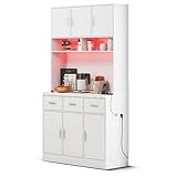 Gxffipw Küchenschrank Buffetschrank Hoch 180 cm mit LED Licht und Steckdose, Hochschrank mit...