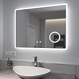 EMKE LED Badspiegel 90x70cm Badezimmerspiegel mit Beleuchtung mit 3 Lichtfarbe Dimmbar,...