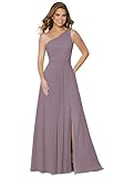 Damen One Shoulder Chiffon Brautjungfernkleider A Linie Plissee Ballkleider mit Taschen Lang...