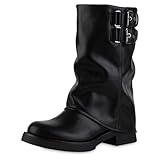 VAN HILL Damen Bikerstiefel Blockabsatz Schnallen Trendy Schuhe 217657 Schwarz 39