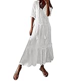 2024-2023 Casual Sweet V-Ausschnitt Solide Hohl Hanging Bart Kurzarm Kleid mittlerer Länge für...