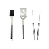 Amazon Basics 3-teiliges Grillbesteck-Set aus Edelstahl mit Pfannenwender, Grillzange und Bürste