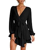 Wenrine Damen Kleider Sexy Tiefer V-Ausschnitt Freizeitkleid A Linie Rüschen Minikleid Langarm...