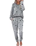 Ekouaer Damen Schlafanzug Star Pyjama Set Rundhals Schlafanzüge Winter Pyjama weich Lounge Set...