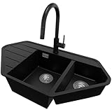 PRIMAGRAN Granitspüle Schwarz 90x50cm, Eckspüle 1,5 Becken + Küchenarmatur 40x20cm + Ablauf-Set,...