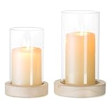 NUPTIO Windlicht Glas Kerzenhalter Holz: 2er Set Gläser Windlichter Glaszylinder mit Boden Vase...