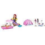 Barbie Dream Boat (111 cm) & Let's Go Camping Zelt, 2 Puppen, 1x blond, 1x schwarz, Zubehör, Hase,...