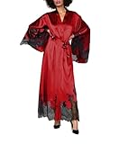 MAYILNSIN Kimono-Bademantel, Satin, olivgrün, Spitzenbesatz, seidig weich, für Hochzeit,...