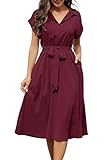 Cassiecy Strandkleid Damen Knielang Kurzarm Blusenkleid Elegant V-Ausschnitt Midikleid Casual...