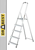 DRABEST Trittleiter klappbar Aluleiter 5 Stufen mit Ablage Stufenleiter Haushaltsleiter Belastbar...