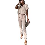 amropi Jumpsuit Damen Elegant Kurzarm Playsuit V-Ausschnitt Casual Lose Overalls Lang Romper Kaki,M