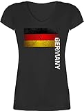 T-Shirt Damen V Ausschnitt - Fußball EM WM - Deutschland Flagge Adler Germany - L - Schwarz -...