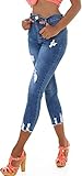 Jela London Damen High-Waist Capri-Jeans Skinny Stretch Destroyed, Blau 34-36