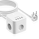 Steckdosenwürfel mit USB, Steckdosenleiste, 3 Fach Steckdosen und 4 USB Ladegerät Anschluss,...