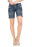 FRESH MADE Damen Boyfriend Jeans Bermuda-Shorts im Used Look Dark-Blue M