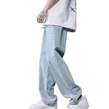 Generisch Y2k Herren Jeanshose Baggy Freizeit Jeans Gerade Bein Trendy Denimhose Vintage Used-Look...