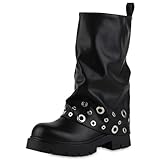 VAN HILL Damen Bikerstiefel Blockabsatz Ösen Trendy Schuhe 217553 Schwarz 38