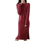 Damen Kleider Wolle Herbst O-Ausschnitt Strickkleid Winter Vintage Party Langer Pullover Rock Red M