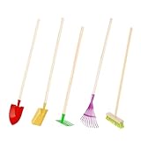 Rekord Kinder Gartengeräte Set 5-teilig (Schaufel (Gelb), Spitzspaten (Rot), Rechen (Grün), Besen...