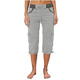 Cargohose Damen Sommer Baumwolle Capri Combat Hosen Solid Farbe Drawstring Cropped Pants Mit...