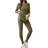 Jogginganzug Damen Set Winter Strickanzug Damen Set Gerippt Schlafanzug Kuschelig Zweiteiler Pyjama...