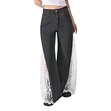 Novaorily Damen-Jeans mit hoher Taille, gerades weites Bein, lässig, Patchwork, Denim-Hose mit...