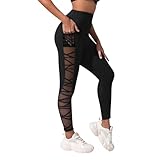 High Waist Leggings Damen Mesh Spitze Patchwork Scrunch Yogahose Sommer Lässig Elastische Leggins...