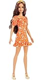 Barbie HBV16 - Fashionistas Puppe, langes gewelltes brünettes Haar, Stirnband, orangefarbenes Kleid...