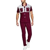 2-teiliges Herren-Set, Waffel Farbblock Anzug im Pendlerstil, Lässig Outdoor Outfit, Kurzarm...