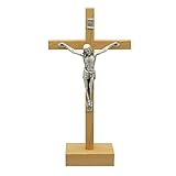 kruzifix24 Stehkreuz Standkreuz Holz Buche Querbalken gerade Korpus Silber Metall 17,5 x 9 cm...