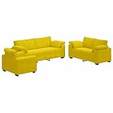 3-TLG. Sofagarnitur mit Kissen - Gelb Samt Sofa Set aus 100% Polyester, Metall & Massivholz -...