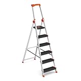SONGMICS Leiter mit 6 Stufen, Aluleiter, 12 cm breite Stufen mit Riffelung, Anti-Rutsch-Füße, mit...