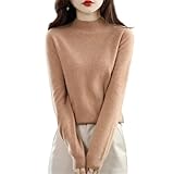 Damen Langarm Strickpullover Halb Hoch Lose Fleece Bequem Top, Goldene hellbraune Farbe, S
