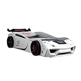 TRAUMMÖBEL Kinder Autobett Turbo V2 Kinderbett 90x200 im Rennwagen super Drift Design mit LED...