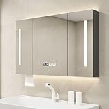 3-Ton LED Badspiegelschrank mit Touch-Schalter, schmaler Wandspeicher für Make-up, Holz-Finish,...