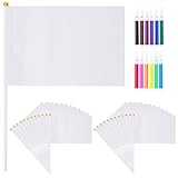 DIY Flagge Set 24 Stück Weiße Handflaggen mit Stab – Fahne Selbst Gestalten mit 12 Farben...