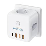 Bigfish Steckdosenleiste mit USB C, Mehrfachsteckdose mit 4 USB, Steckdosenwürfel ohne Kabel,...