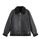 Generisch Lederjacke Herren Vintage Gefüttert mit Kunst Fellkragen Reißverschluss Ledermantel mit...