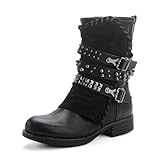 Pogolino Damen Stiefeletten Nieten Biker Boots mit Reißverschluß flach bequem Stiefel ST016 (ST15...