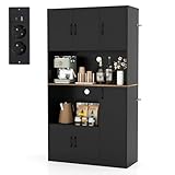 COSTWAY Küchenschrank Holz, Buffetschrank mit Steckdose, Hochschrank mit Türen & Arbeitsplatte,...