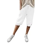 Jogginghose Damen, solide, große Tasche, elastische Freizeithose, Taschen-Caprihose (White, XXL)