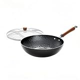Wokpfanne aus Karbonstahl mit Holzgriff und Glasdeckel, 34,9 cm, runder Boden, Reseasoned,...