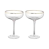 BUTLERS Champagner Gläser, Set 2x Champagnerschalen mit Goldrand und Rillen 400ml aus...