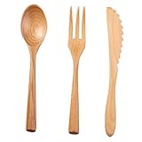 WATIIFUFU 3 Stück Japanisches Besteckset aus Buche Holz Kreatives Holzgeschirr mit Messer Gabel und...