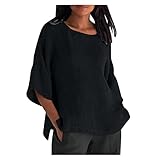 T Shirt für Damen Sommerbluse V Ausschnitt Leinenbluse Kurzarm Oberteil Casual Lange Hemdbluse...