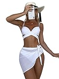 SheIn Damen 3 Piece Wickel Bikini Set mit Strandrock Push Up Schwimwear Bademode Strandmode Weiß M